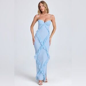 Oh Polly Kazumi Plissé Ruffle-Trim Maxi Dress in Powder Blue